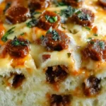 Cheesy Garbage Bread Delight 7 A delicious slice of Cheesy Garbage Bread Delight, stuffed with cheese, meats, and vegetables, baked to golden perfection.