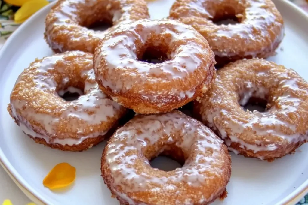 Old-fashioned cake donuts with glaze and cinnamon sugar on a plate