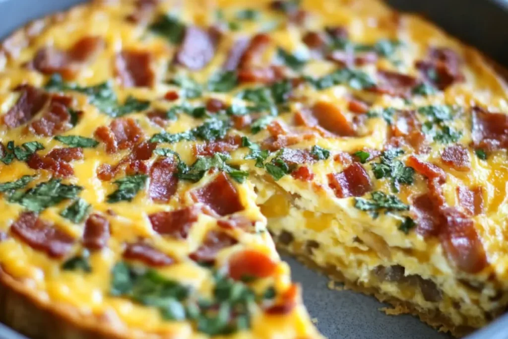 Bacon and cheese crustless quiche in a baking dish, fresh out of the oven, perfect for a low-carb breakfast.