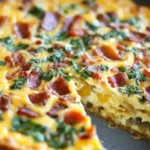 Bacon and Cheese Crustless Quiche 7 Bacon and cheese crustless quiche in a baking dish, fresh out of the oven, perfect for a low-carb breakfast.