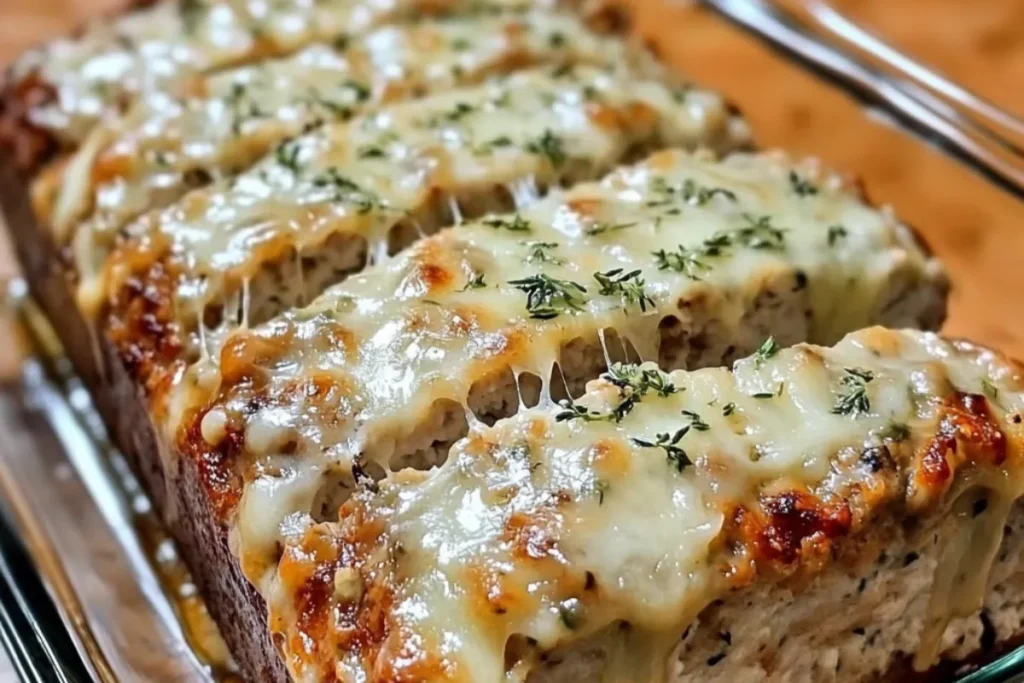 Garlic Parmesan Chicken Meatloaf fresh out of the oven, golden brown and juicy