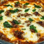 Philly Cheesesteak Casserole 7 A freshly baked Philly Cheesesteak Casserole in a dish, topped with melted provolone cheese, sautéed bell peppers, and onions.