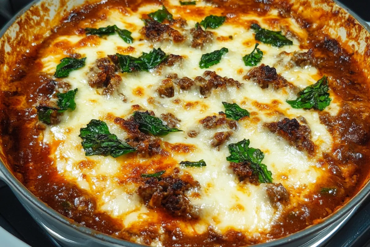 Philly Cheesesteak Casserole 4 A freshly baked Philly Cheesesteak Casserole in a dish, topped with melted provolone cheese, sautéed bell peppers, and onions.