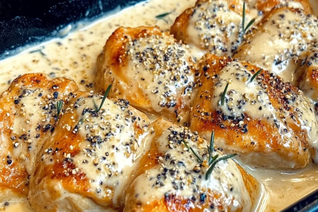 Baked Caesar Chicken topped with creamy Parmesan sauce served with a side of roasted vegetables.