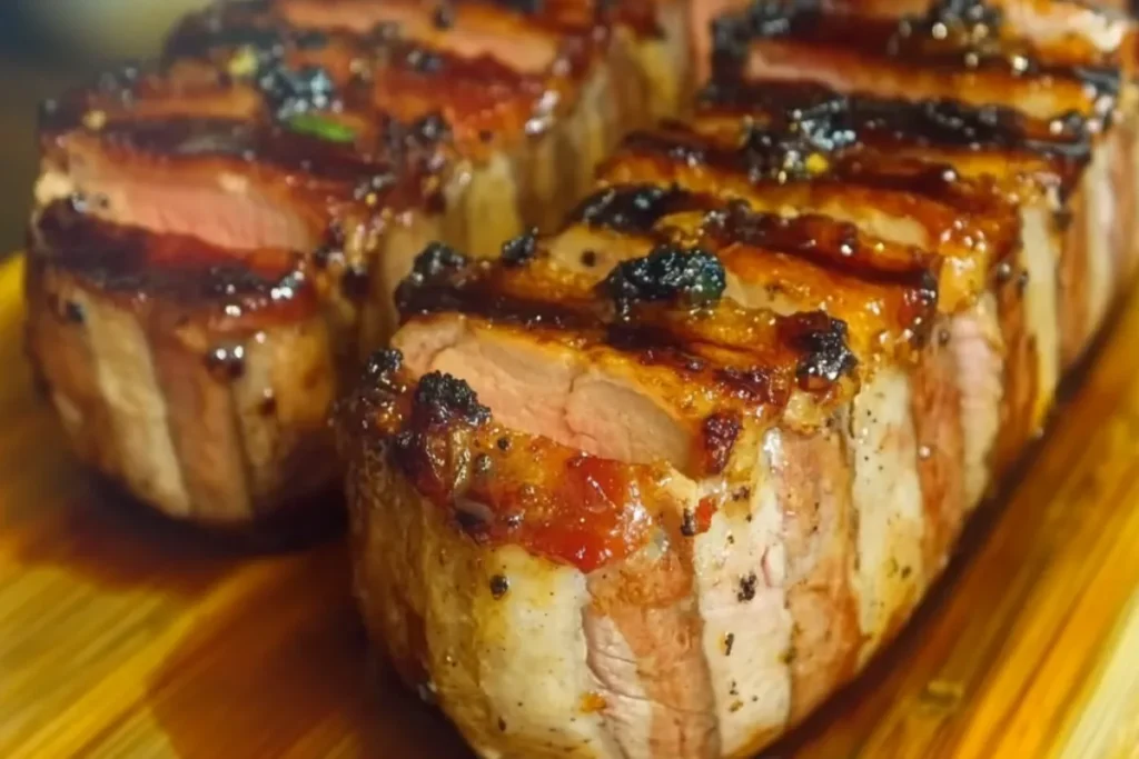 Bacon brown sugar pork tenderloin wrapped in crispy bacon with caramelized brown sugar glaze.