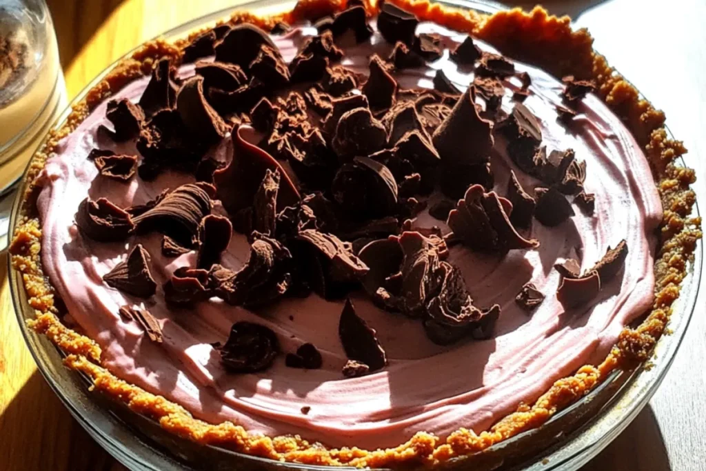 Slice of old-fashioned chocolate pie with meringue topping and flaky crust