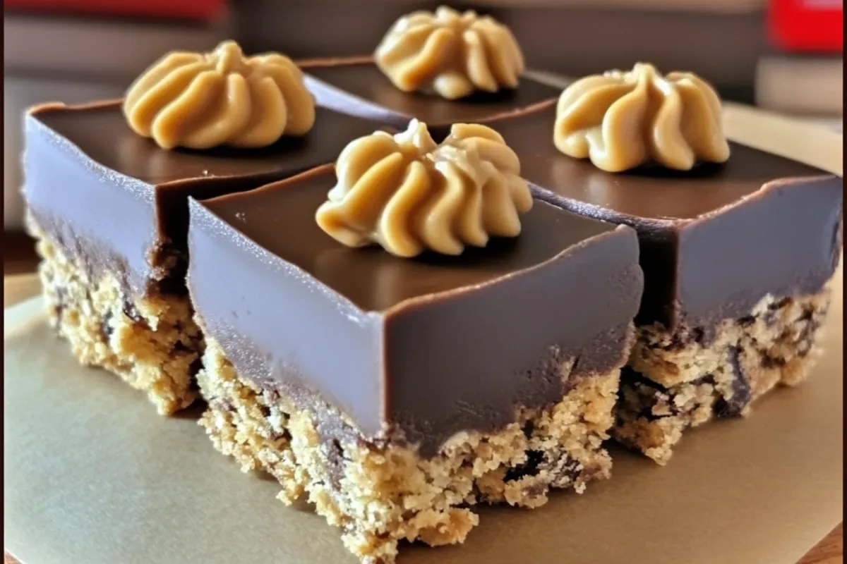 Reese's Peanut Butter No-Bake Bars 4 Close-up of Reese’s Peanut Butter No-Bake Bars with a smooth chocolate topping