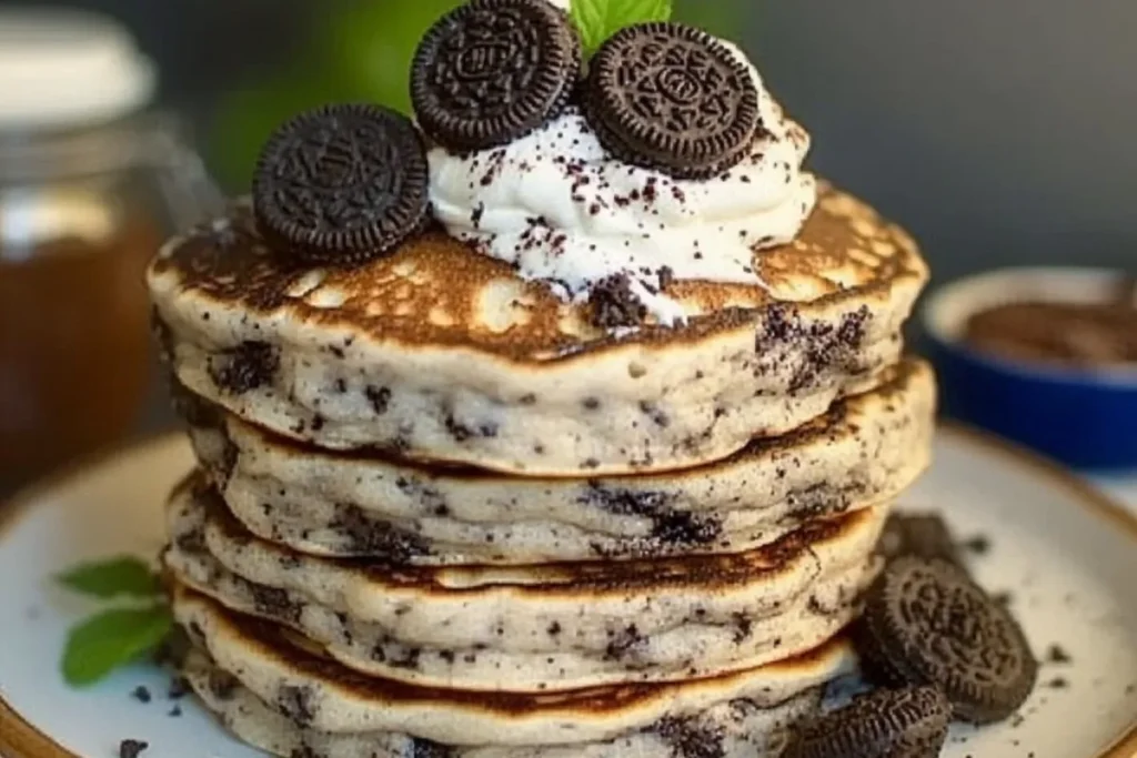 Oreo pancakes with cream cheese drizzle and whipped cream topping. Perfect for a sweet breakfast or dessert.