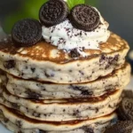 Oreo Pancakes with Cream Cheese Drizzle 7 Oreo pancakes with cream cheese drizzle and whipped cream topping. Perfect for a sweet breakfast or dessert.