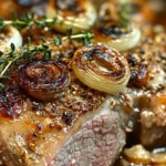Rôti de Porc aux Oignons Caramélisés et Thym 7 Rôti de porc cuit avec des oignons caramélisés et des herbes fraîches de thym.