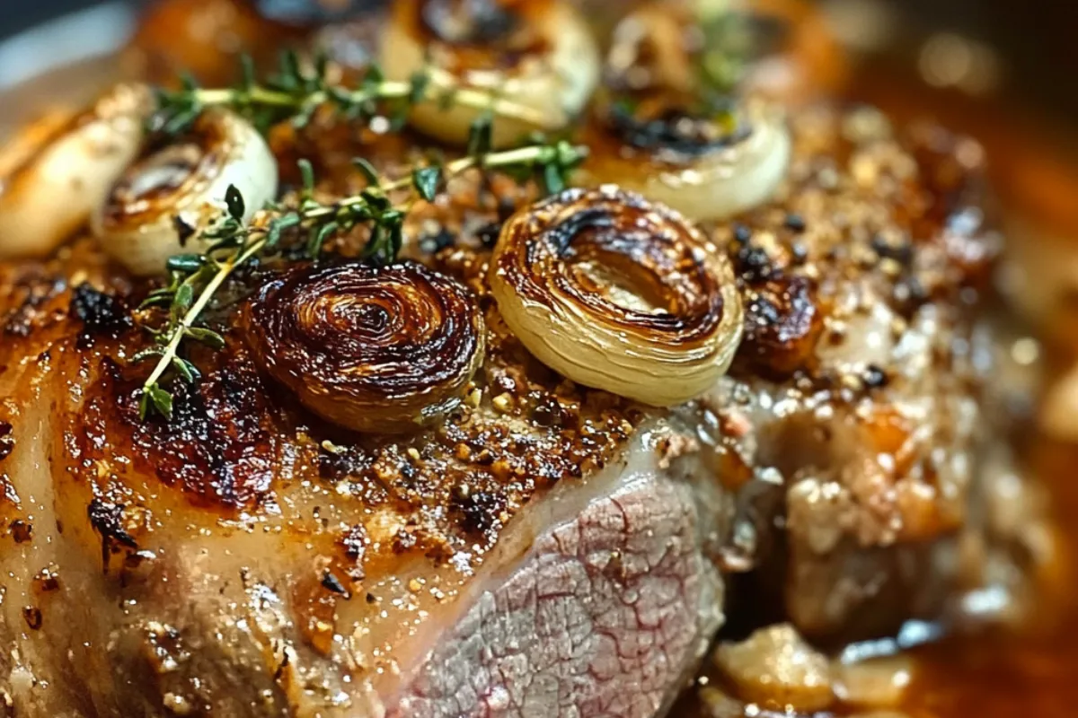 Rôti de Porc aux Oignons Caramélisés et Thym 4 Rôti de porc cuit avec des oignons caramélisés et des herbes fraîches de thym.