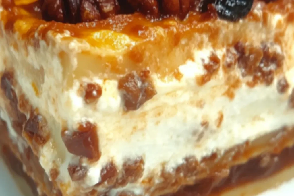 A delicious slice of Pecan Pie Lasagna with layers of graham cracker crust, cream cheese filling, pecan pie topping, and caramel drizzle.