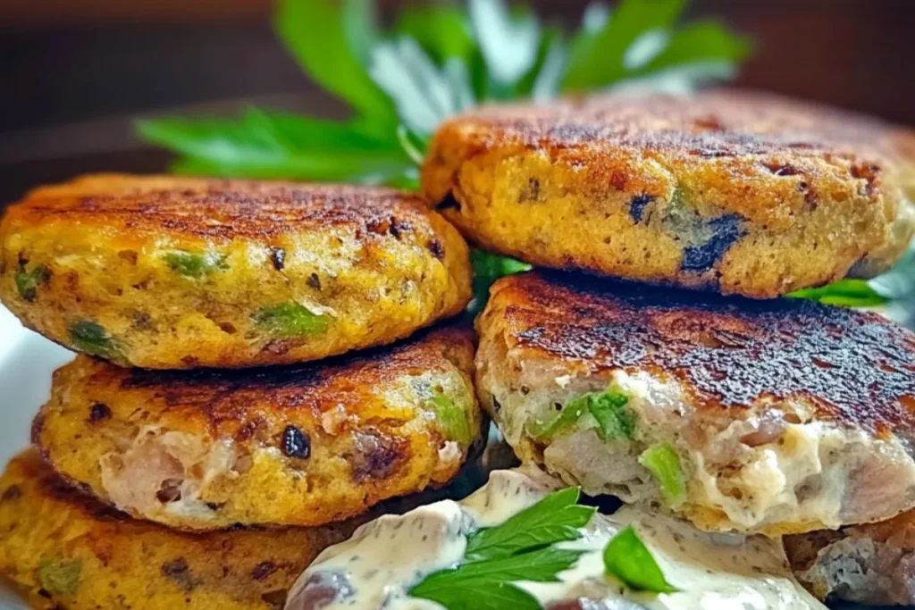 Golden brown tuna melt patties served with fresh salad and tartar sauce on a plate.