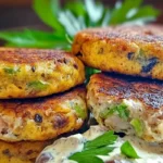 Tuna Melt Patties 7 Golden brown tuna melt patties served with fresh salad and tartar sauce on a plate.