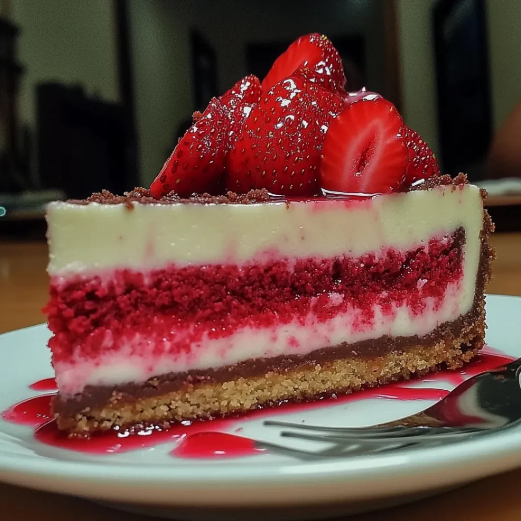 Red velvet strawberry cheesecake with fresh strawberries and creamy cheesecake layers