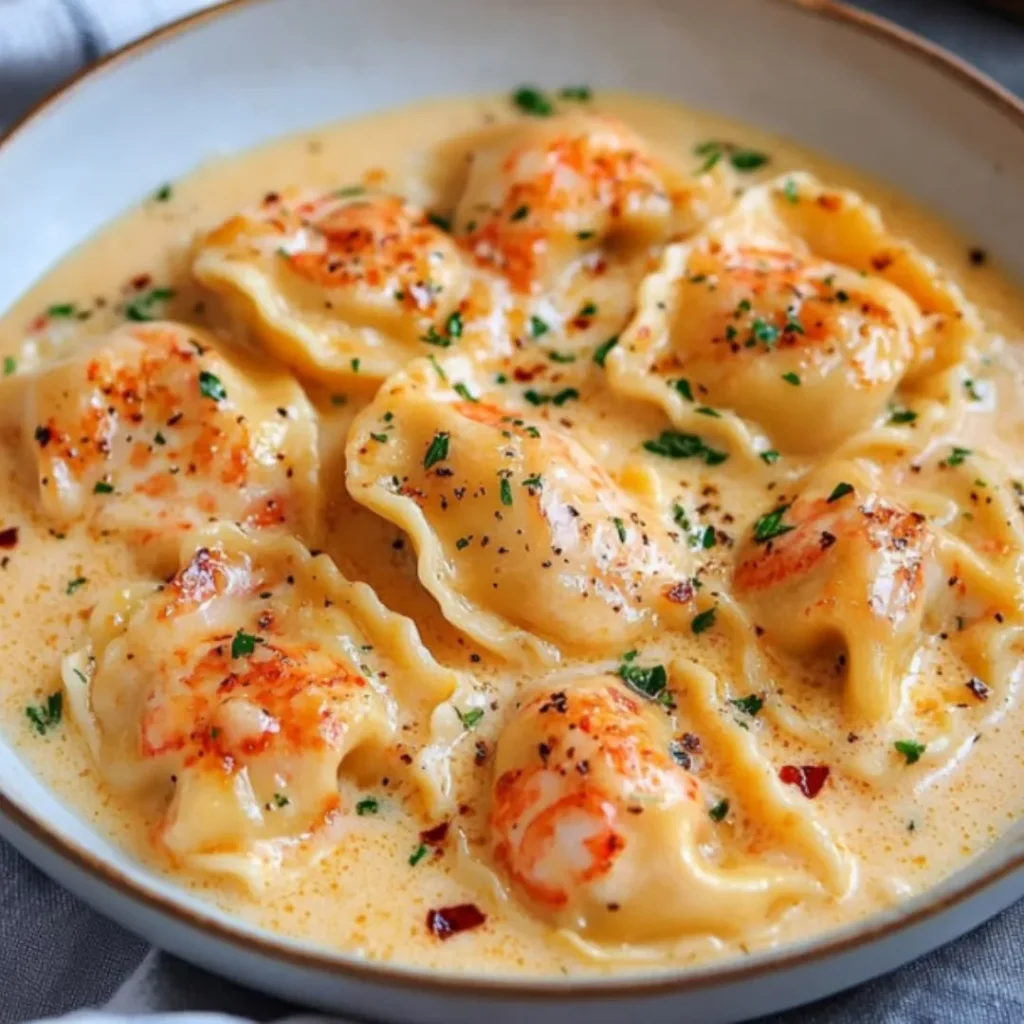 A plate of lobster ravioli served with creamy garlic butter sauce, garnished with fresh parsley.
