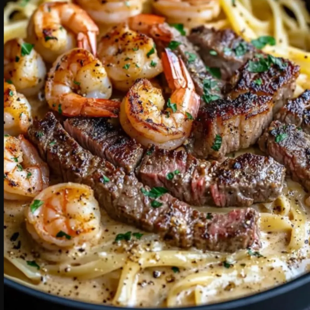 Cajun Shrimp and Steak Alfredo Pasta 4 Cajun shrimp and steak Alfredo pasta with creamy sauce and fresh parsley garnish.