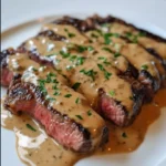Steak with Haunted Bourbon Garlic Cream Sauce 7 Juicy steak topped with a rich, creamy bourbon garlic sauce, garnished with fresh herbs, served on a rustic wooden plate.