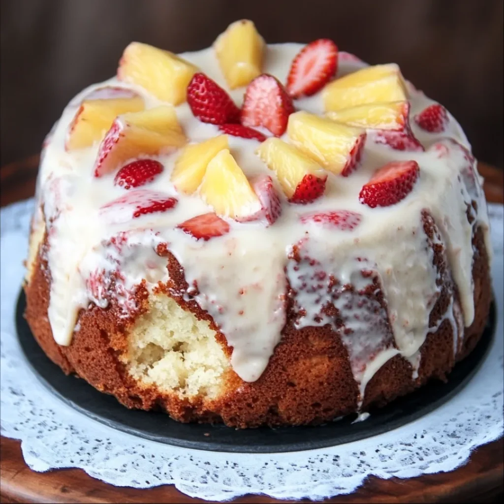 Image of a moist pineapple strawberry pound cake with slices of pineapple and fresh strawberries on top.