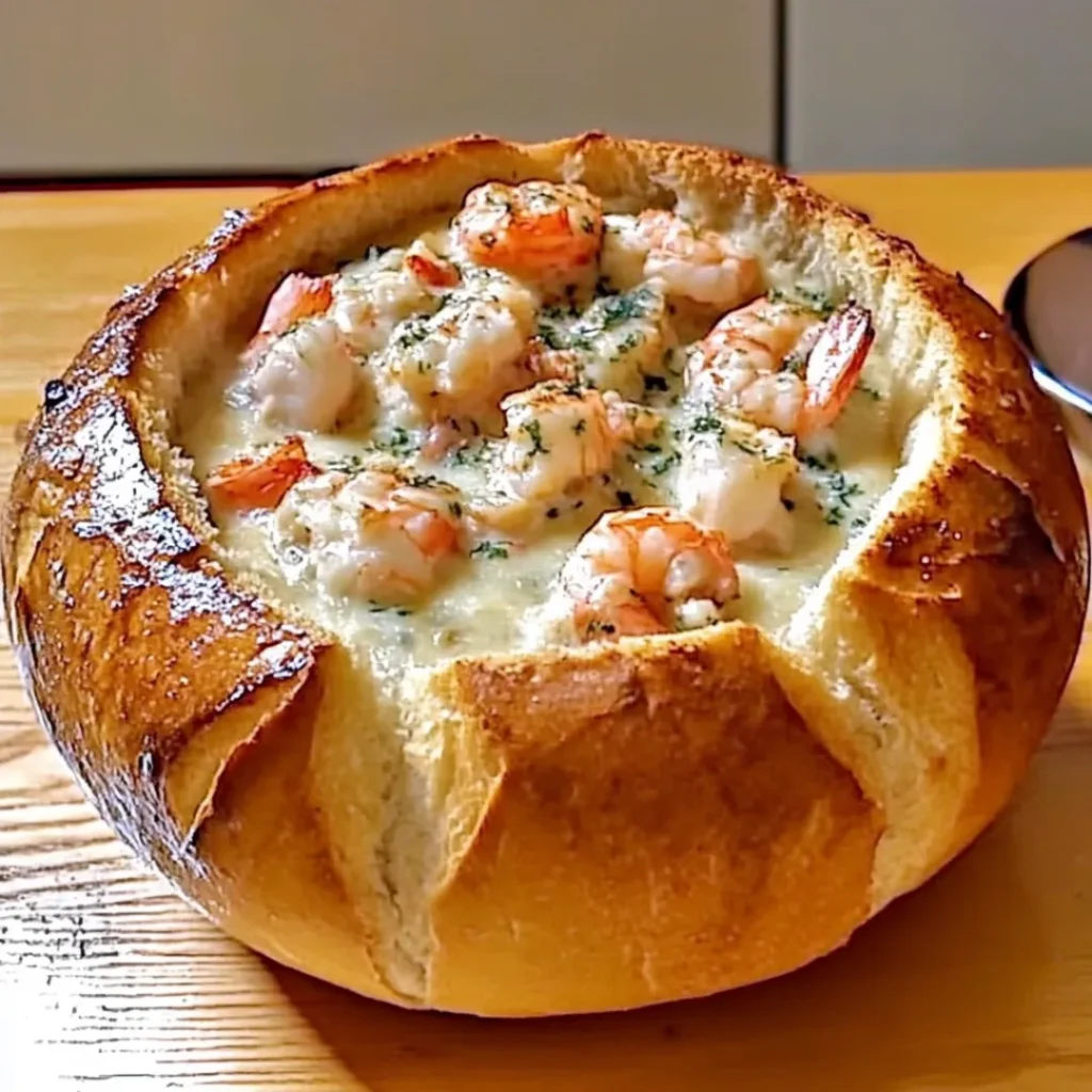Stuffed seafood bread bowl with creamy seafood filling and melted cheese.