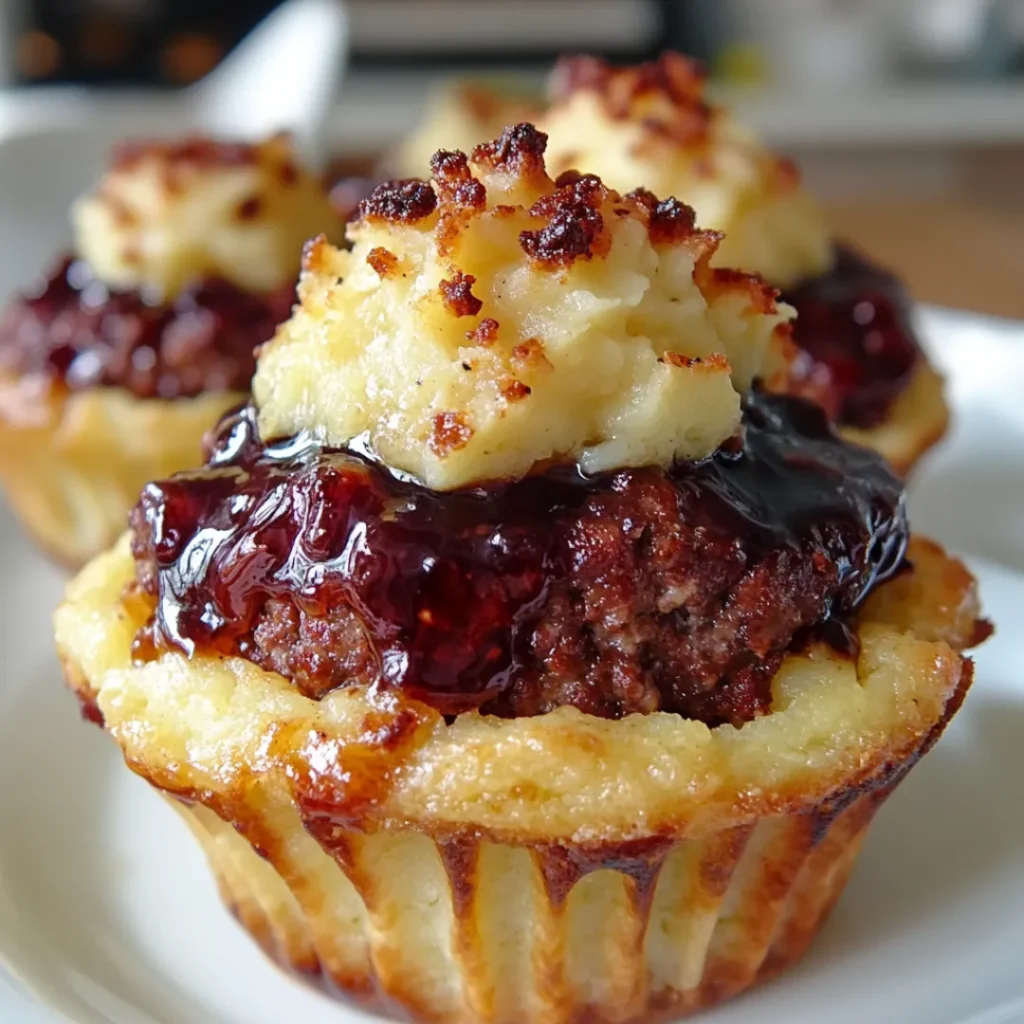 Meatloaf cupcakes topped with creamy whipped mashed potatoes, a savory and fun twist on classic comfort food.