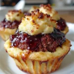 Meatloaf Cupcakes with Whipped Potato Topping 7 Meatloaf cupcakes topped with creamy whipped mashed potatoes, a savory and fun twist on classic comfort food.