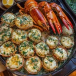 Garlic Butter Lobster 7 Garlic butter lobster and scallops served on a plate with fresh parsley and lemon wedges for garnish.