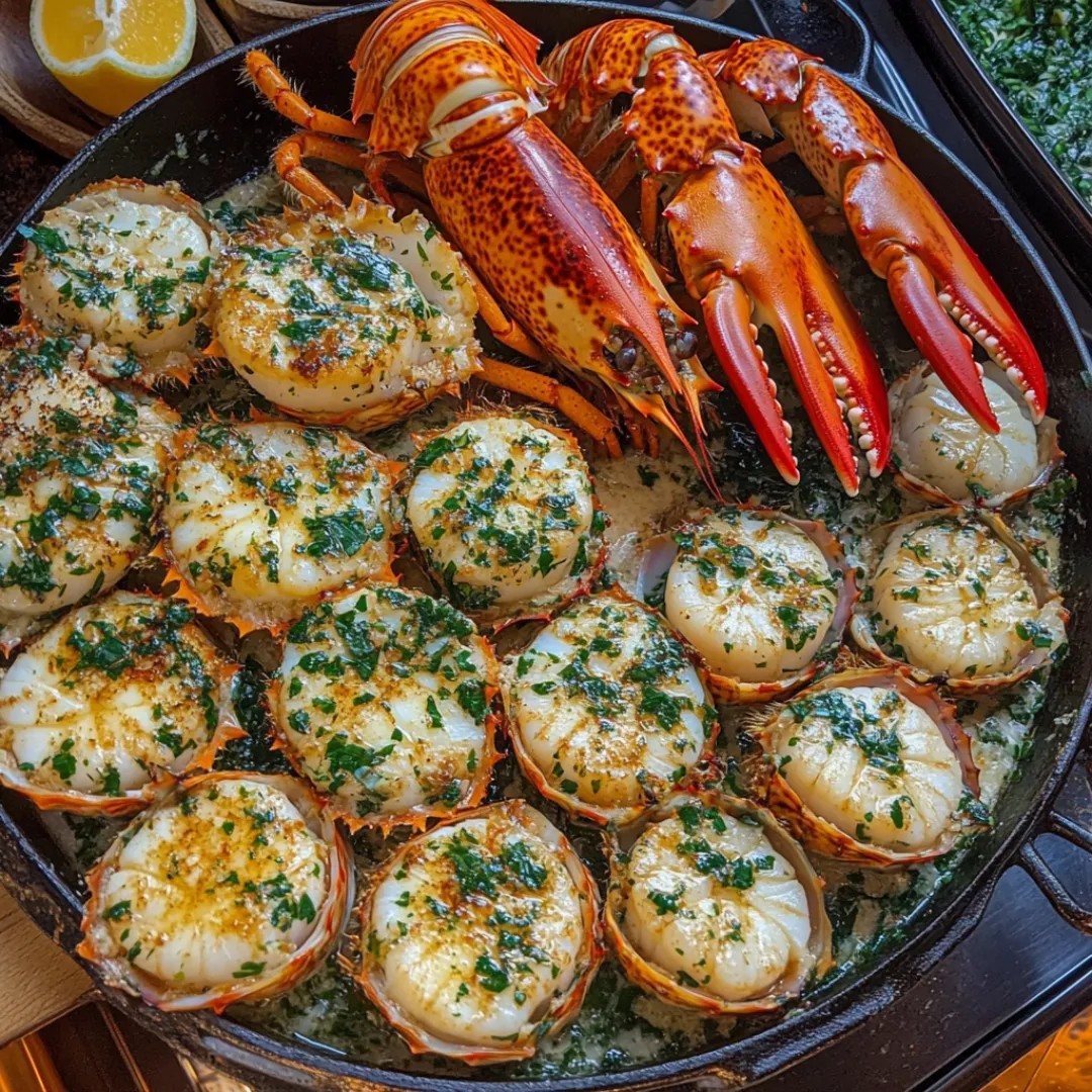 Garlic Butter Lobster 4 Garlic butter lobster and scallops served on a plate with fresh parsley and lemon wedges for garnish.