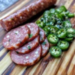 Pepper Jack Summer Sausage 7 Sliced Jalapeño and Pepper Jack Summer Sausage served on a charcuterie board with crackers and cheese.