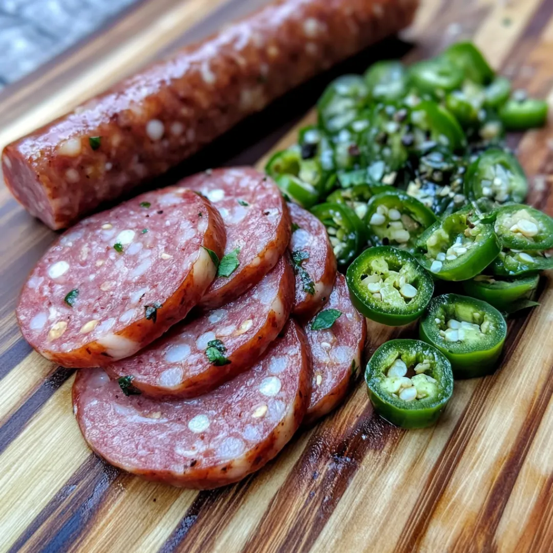 Pepper Jack Summer Sausage 4 Sliced Jalapeño and Pepper Jack Summer Sausage served on a charcuterie board with crackers and cheese.