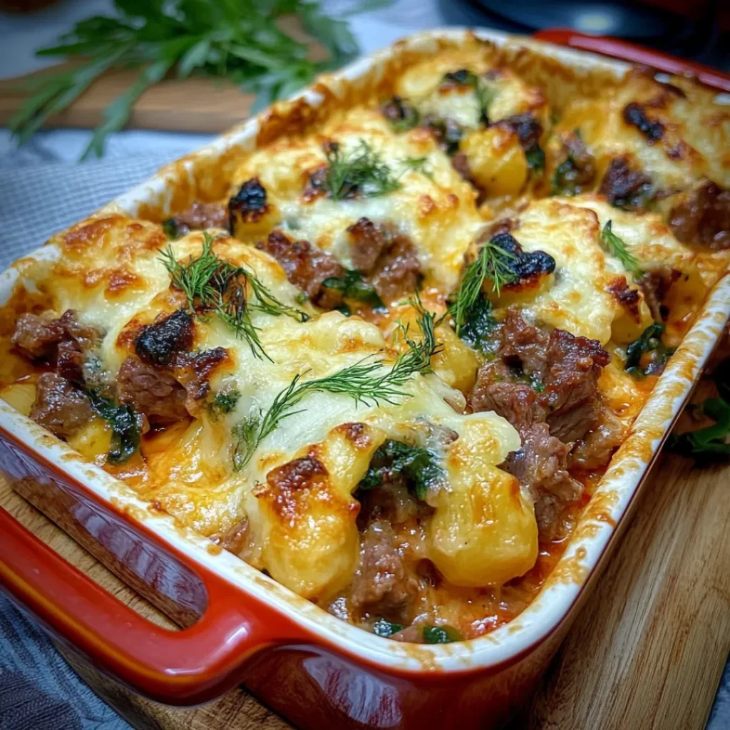 Baked Angel Beef Casserole with golden cheese topping