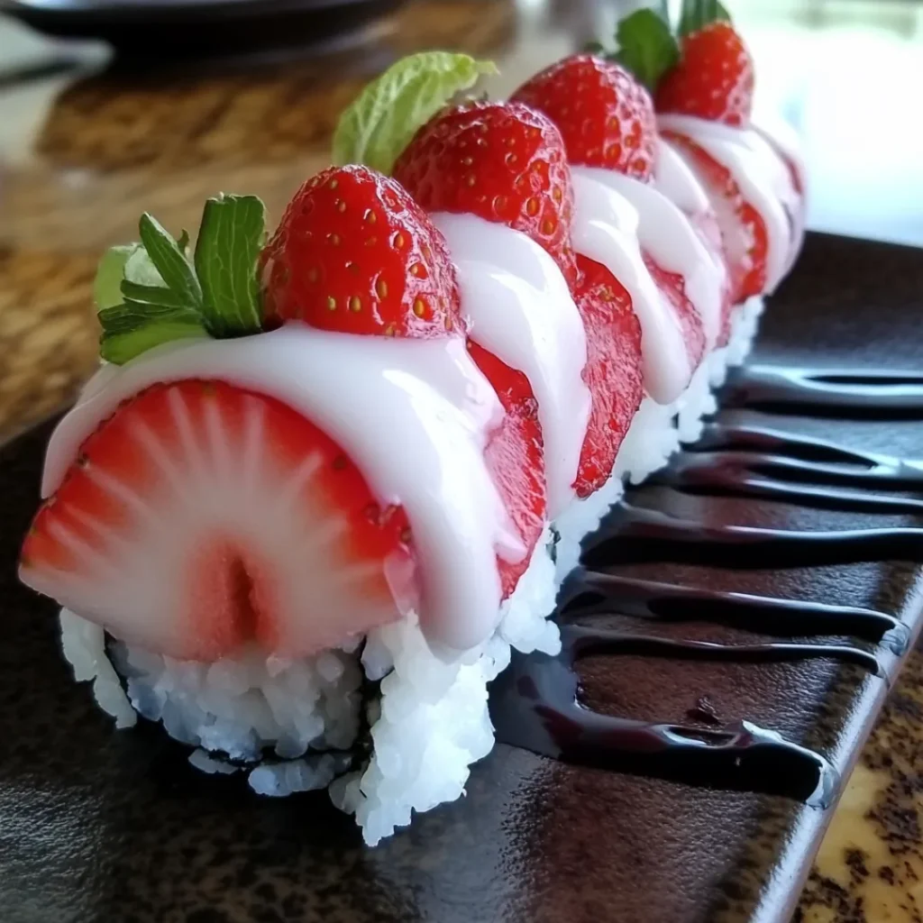 Strawberry Shortcake Sushi Sweetness 2 A plate of Strawberry Shortcake Sushi featuring sponge cake rolls filled with fresh strawberries and cream, garnished with syrup.