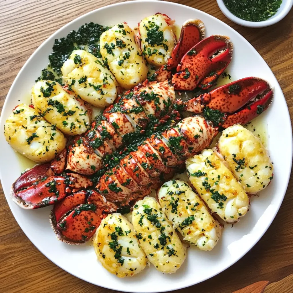 Garlic butter lobster and scallops served with fresh herbs and lemon for garnish.
