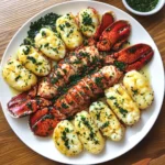 Garlic Butter Lobster and Scallops 7 Garlic butter lobster and scallops served with fresh herbs and lemon for garnish.