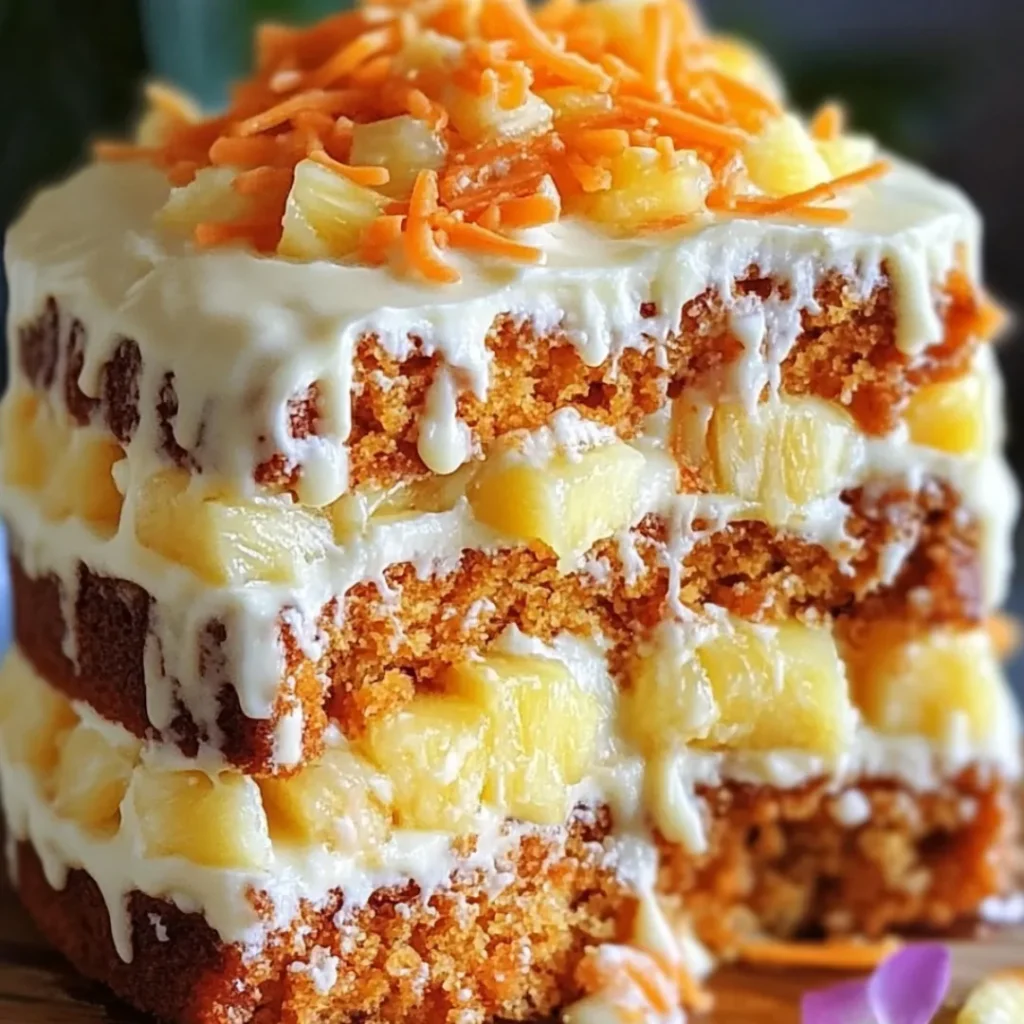 Hawaiian Carrot Pineapple Cake 3 A moist Hawaiian carrot pineapple cake topped with creamy frosting and garnished with toasted coconut and nuts.