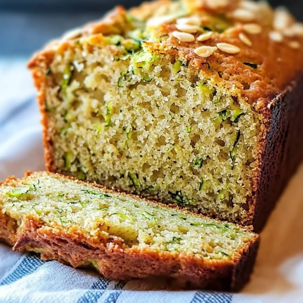 A slice of Greek Yogurt Zucchini Bread on a wooden plate, showcasing its moist texture and healthy ingredients.