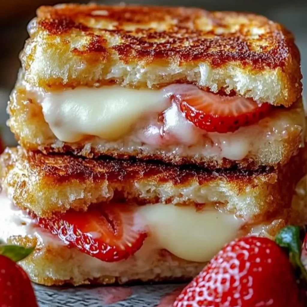 Close-up of a delicious strawberry cheesecake sandwich with a golden crispy crust and fresh strawberry topping.