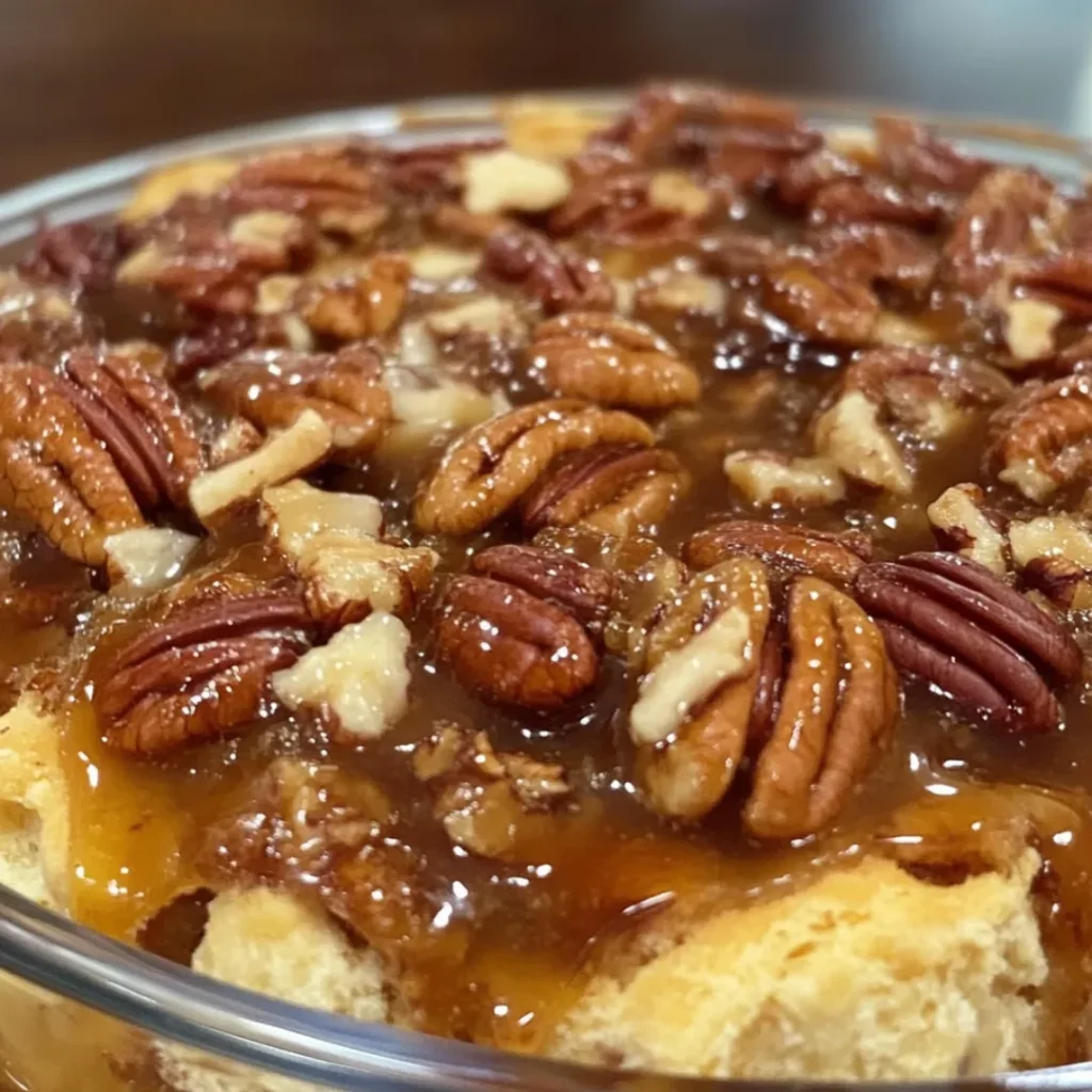 Pecan Pie Bread Pudding 2 Delicious pecan pie bread pudding served with whipped cream, showcasing the rich texture of custard and crunchy pecans.