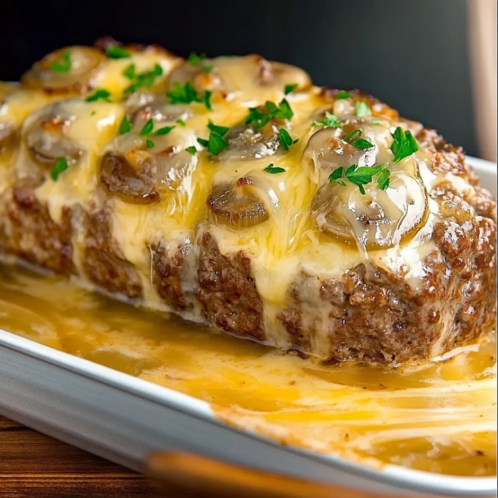 "Juicy Crockpot French Onion Meatloaf topped with melted Swiss cheese and caramelized onions, served on a plate with mashed potatoes."
