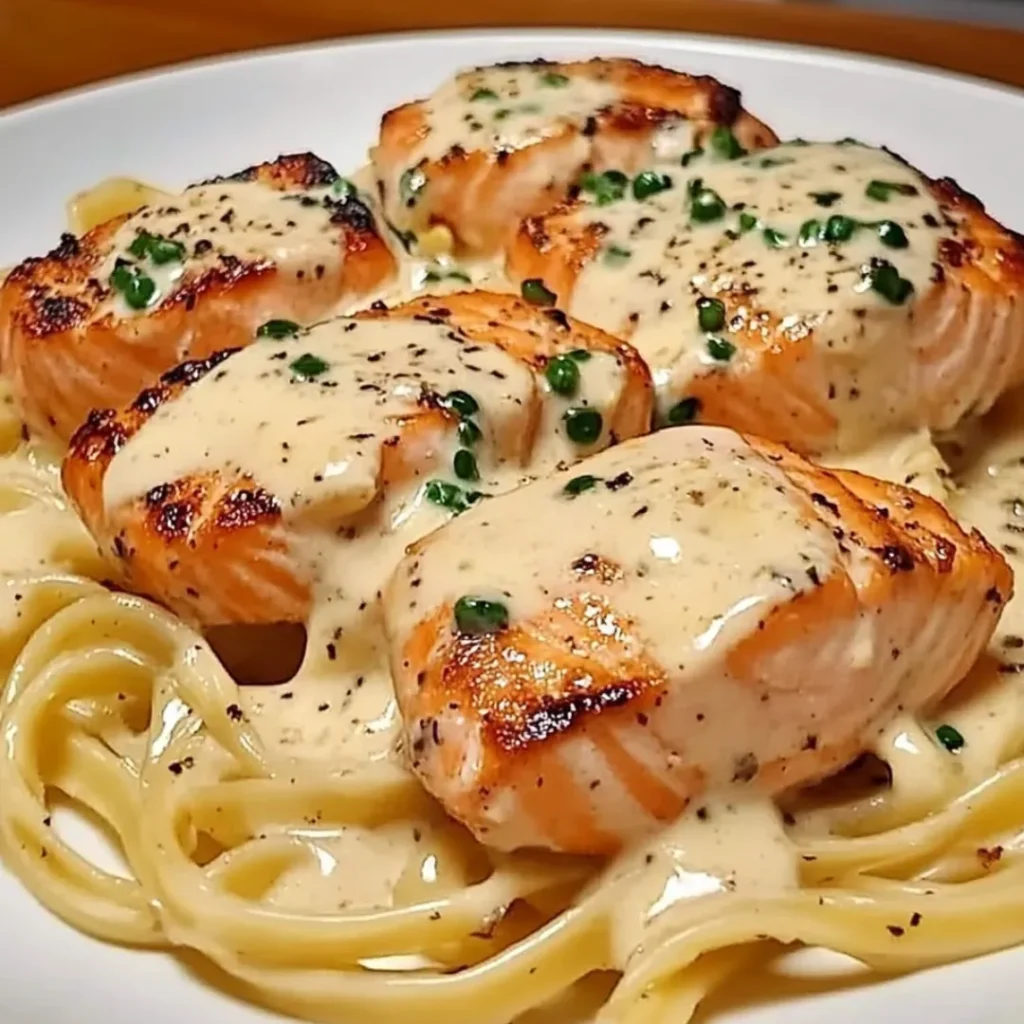 Creamy Garlic Butter Salmon Pasta 4 A plate of creamy garlic butter salmon pasta garnished with fresh parsley and Parmesan cheese.