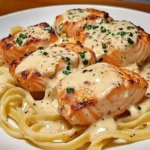Creamy Garlic Butter Salmon Pasta 7 A plate of creamy garlic butter salmon pasta garnished with fresh parsley and Parmesan cheese.