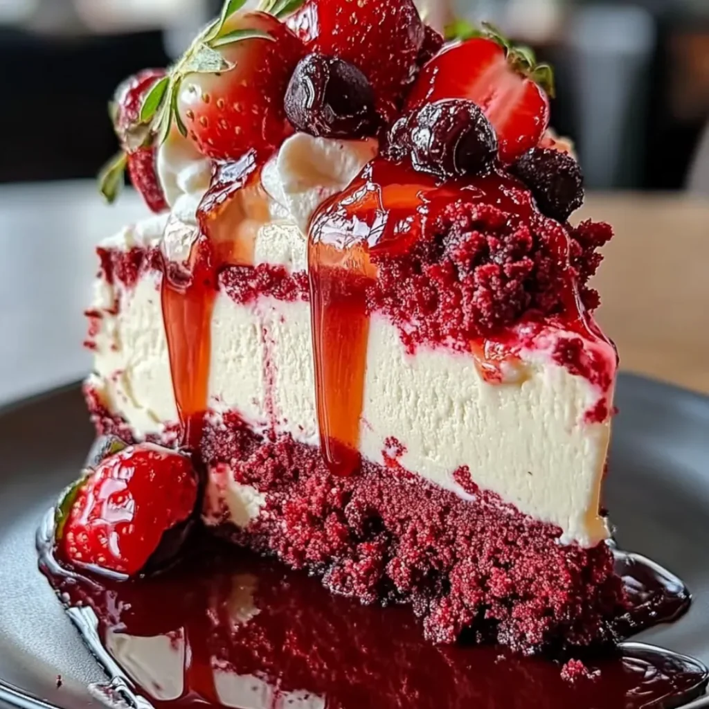 Red Velvet Strawberry Cheesecake with fresh strawberry topping and mousse layer