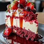 Red Velvet Strawberry Cheesecake 7 Red Velvet Strawberry Cheesecake with fresh strawberry topping and mousse layer