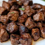 Crockpot Steak Bites 7 Crockpot steak bites cooked with garlic, herbs, and broth, served with mashed potatoes.