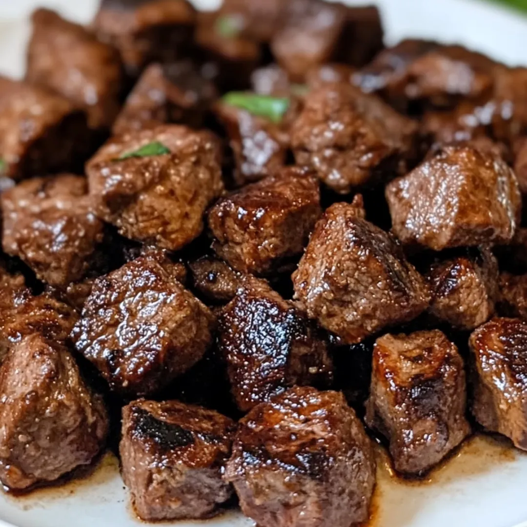 Crockpot Steak Bites 4 Crockpot steak bites cooked with garlic, herbs, and broth, served with mashed potatoes.