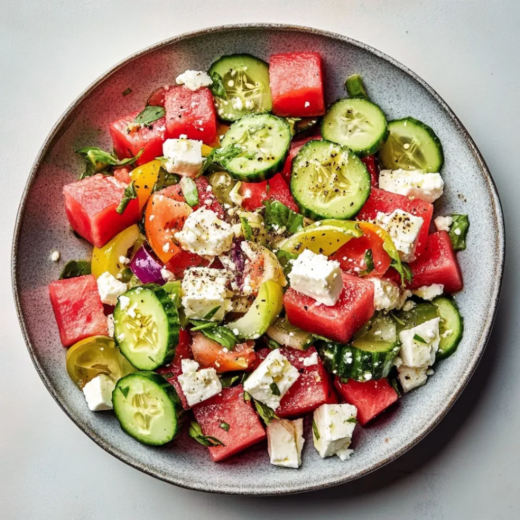 Easy Watermelon Salad with Cucumber & Feta