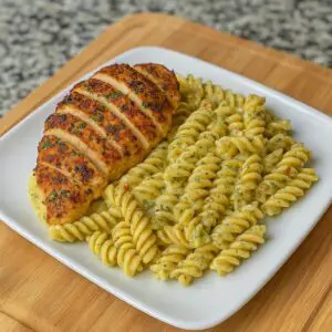 Creamy garlic parmesan chicken pasta served in a skillet, garnished with fresh parsley and extra cheese