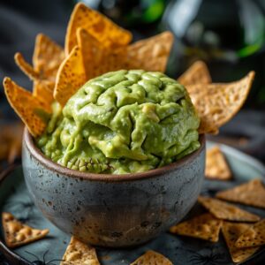Zombie Brain Guacamole Dip shaped like a brain with bloody beet drizzle on top, served with tortilla chips on a Halloween-themed plate.
