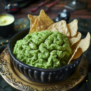 Zombie Brain Guacamole Dip shaped like a brain with bloody beet drizzle on top, served with tortilla chips on a Halloween-themed plate.
