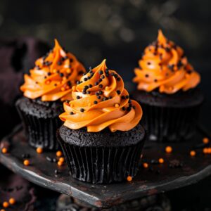 Dark black velvet cupcakes topped with swirls of orange frosting on a white plate